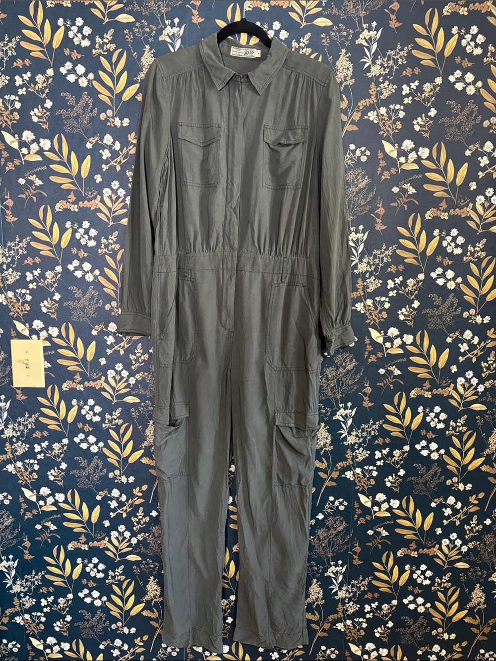Go Silk Washable Silk Women’s Long-Sleeve Utility Jumpsuit Green Size M